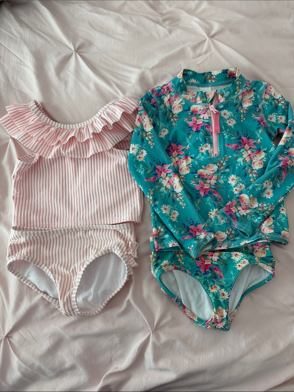 Ruffle Butts Pink Stripe Ruffle Tankini & Teal Floral One-Piece Rash Guard Set